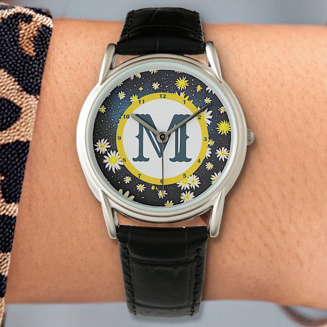 Montre Galaxy Sky Daisy Fleurs Monogramme Lettre bleu fon (Créateur téléchargé)