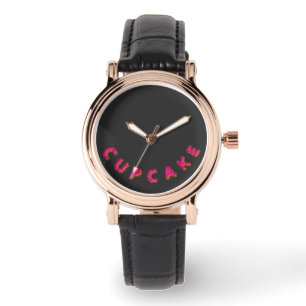 Montre Gâteau Rose Texte Personnalisé Noir