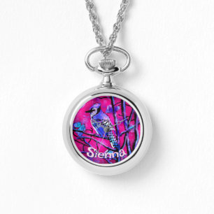 Montre Geai bleu arbre branche rose personnalisé