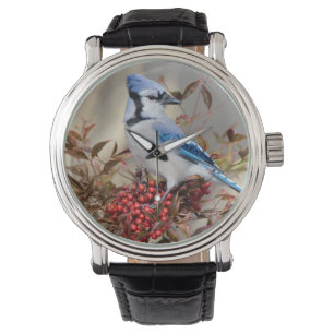 Montre Geai bleu dans le bambou céleste Nandina