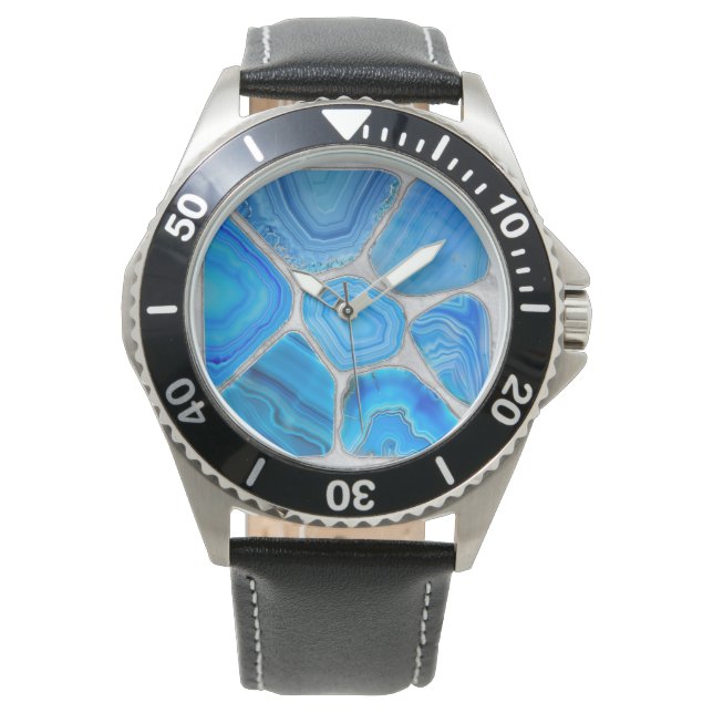 Montre Géode Bleu Agate Mosaïque Fleur art (devant)