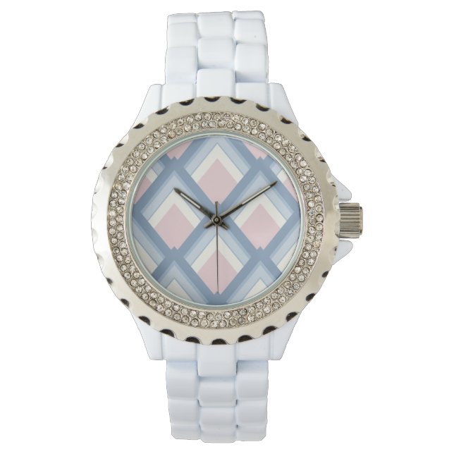 Montre géométrique Abstraite, bleue, rose et blanc cassé (devant)