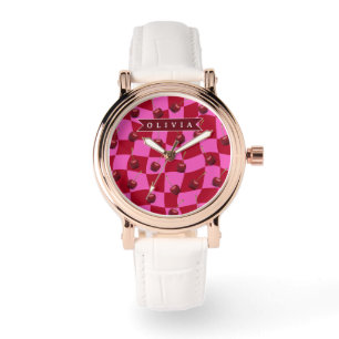 Montre Gingham Cerise Personnalisé Rétro Nom Personnalisé
