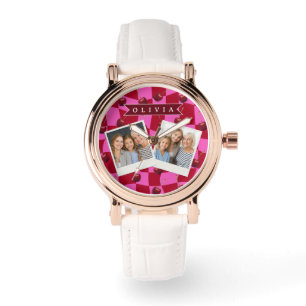 Montre Gingham Rouge Personnalisé Rétro Nom Personnalisé