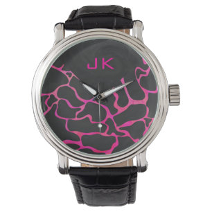 Montre Giraffe rose chaude et noire
