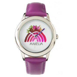 Montre Girls Cute Boho Aquarelle Arc-en-ciel et nom
