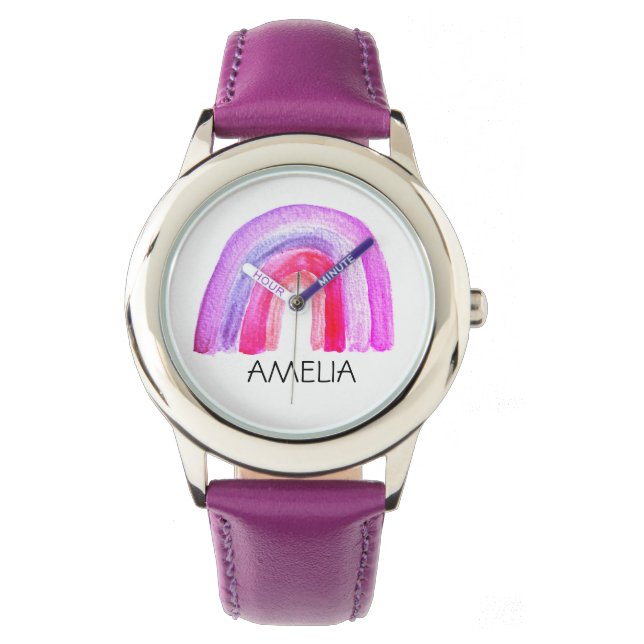 Montre Girls Cute Boho Aquarelle Arc-en-ciel et nom (devant)