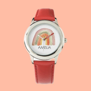 Montre Girls Cute Boho Aquarelle Arc-en-ciel et nom