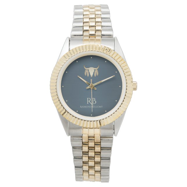 Montre Gold Buffalo Skull Blue Metallic Watch (devant)