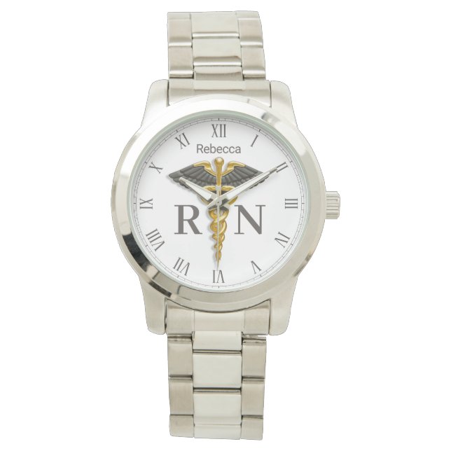 Montre Gold Caduceus Black Wings Infirmière inscrite RN (devant)