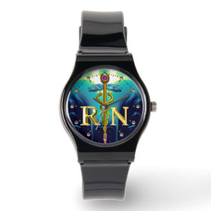 Montre GOLD CADUCEUS SYMBOLE INFIRMIER INSCRIT Aqua Blue