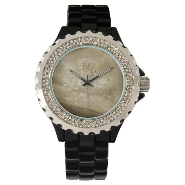 Montre Gold Music Notes Rhinestones Abstraits Black Watch (devant)
