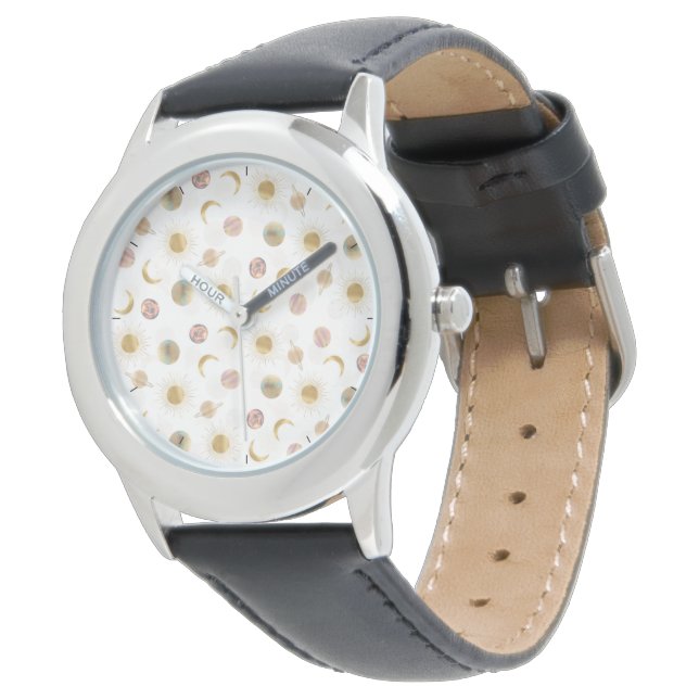 Montre Gold Sun Moon Planets Space White illustration (Incliné)