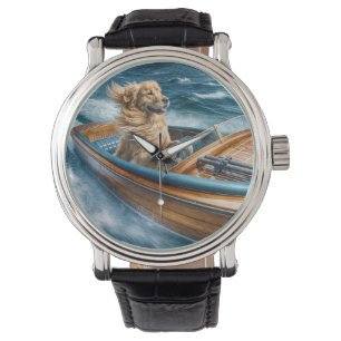 Montre Golden Retriever conduisant un bateau en bois Vint