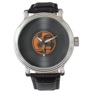 Montre Graphique orange et noir de vinyle de guitares de