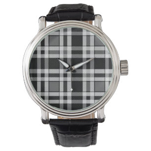 Montre Gris Noir Blanc Flanné Plaid Tartan Design