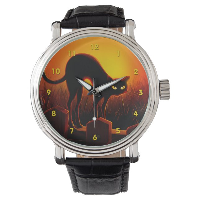 Montre Halloween Chat noir effrayant yeux brillants (devant)