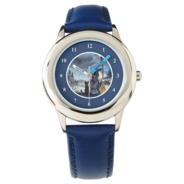 Montre Halloween Chat noir et la Sorcière étoile nuit (devant)