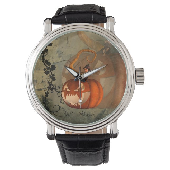 Montre Halloween, drôle de citrouille avec jolie sorcière (devant)