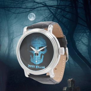 Montre Halloween personnelle crâne de nuit bleu effrayant