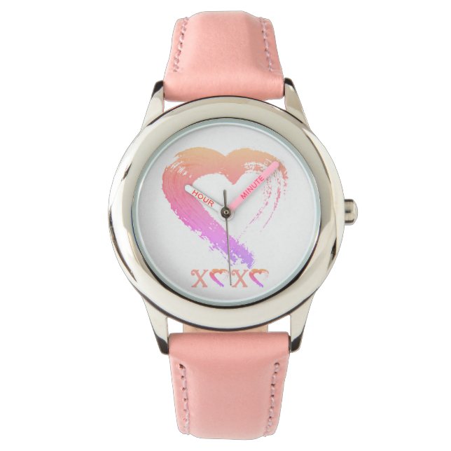 Montre Heart Watch Kid's Acier Inoxydable Cuir rose (devant)