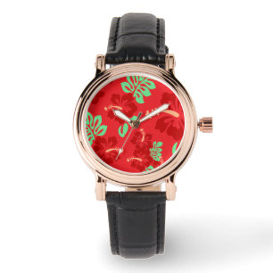 Montre Hibicus Fleurs Motif rouge Tropical