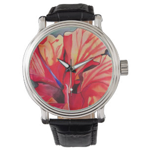 Montre Hibiscus rouge fleurs tropicales aquarelle art