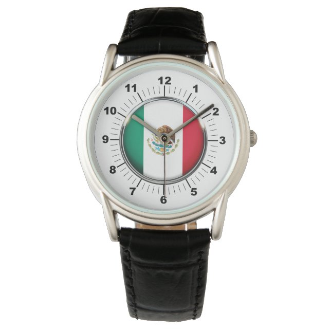 Montre Hommes Couronne Mexique Drapeau noir bracelet en c (devant)