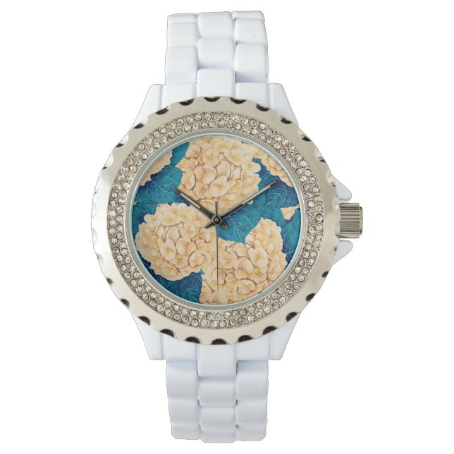 Montre Hydrangea aquarelle motif, jaune et bleu (devant)