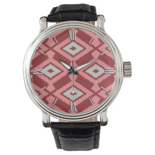 Montre Ikat Motif - Bourgogne, gris et corail