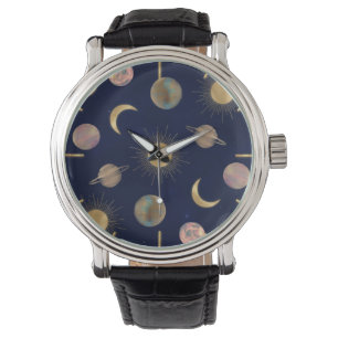 Montre Illustration Blue Gold Sun Moon Planètes Space