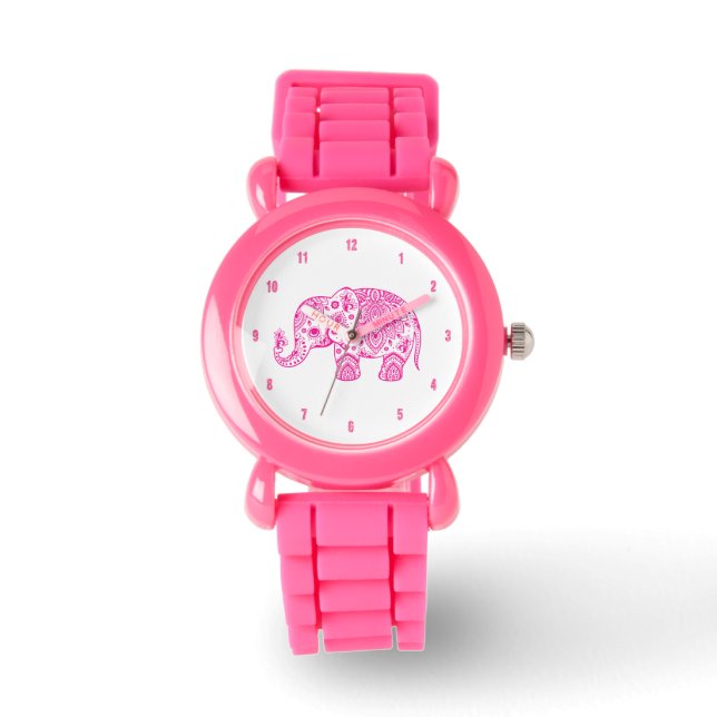 Montre Illustration de l'éléphant Paisley d'ethnie rose m (Recto)