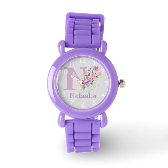 Montre Image florale avec chiffres, nom et enfant initial (Recto)