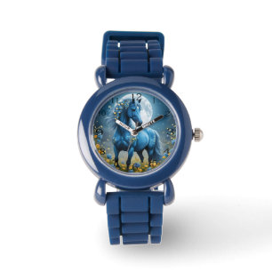 Montre Imaginaire Bleu Magique Cheval Lune Fleurs,
