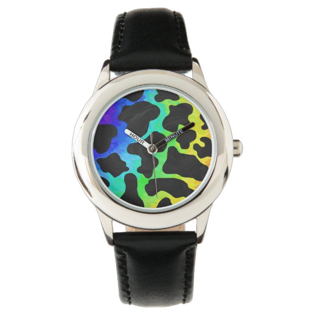 Montre Impression noire et arc-en-ciel de vache (devant)