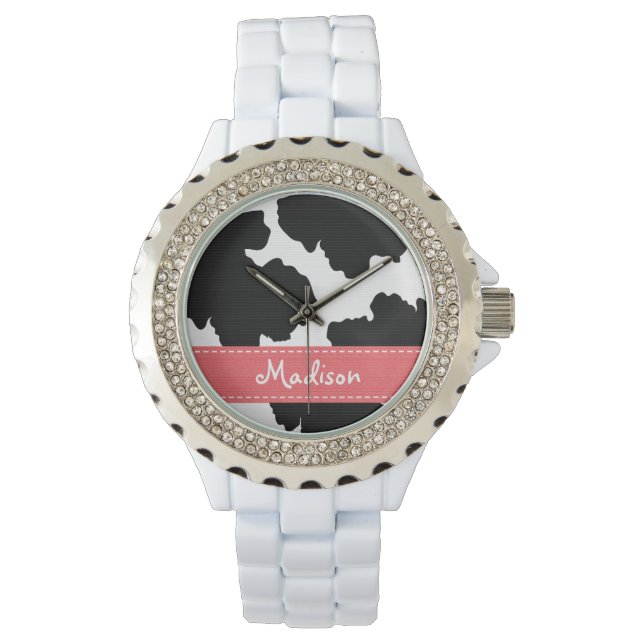 Montre Impression personnalisée de vache rose et noire (devant)