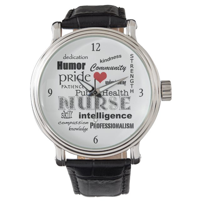 Montre Infirmière en santé publique-Mot Cloud+Coeur rouge (devant)