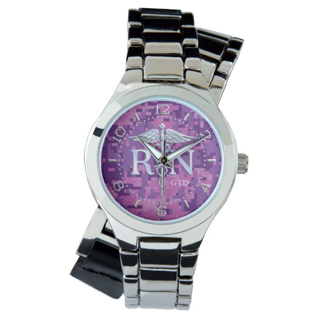 Montre Infirmière inscrite RN Silver Caduceus Monogramme  (devant)