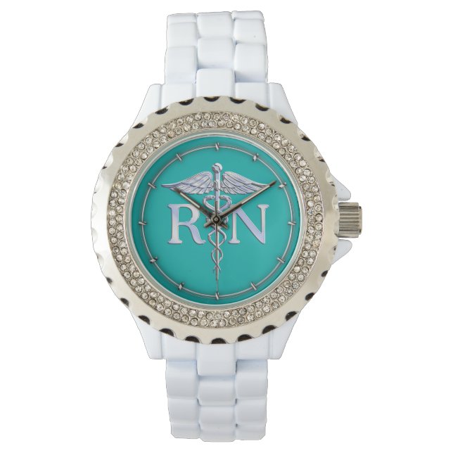 Montre Infirmière inscrite RN Stylish Caduceus sur Turquo (devant)