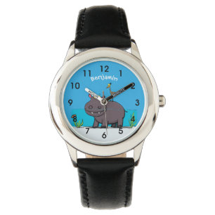 Montre Ippopotame drôle mignon avec dessin animé d'oiseau