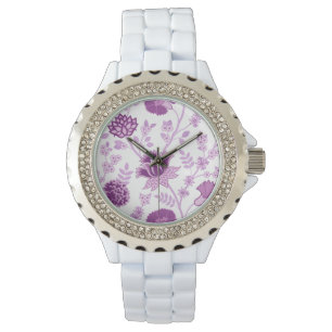 Montre Jacobean Floral Lg Motif rose sur blanc
