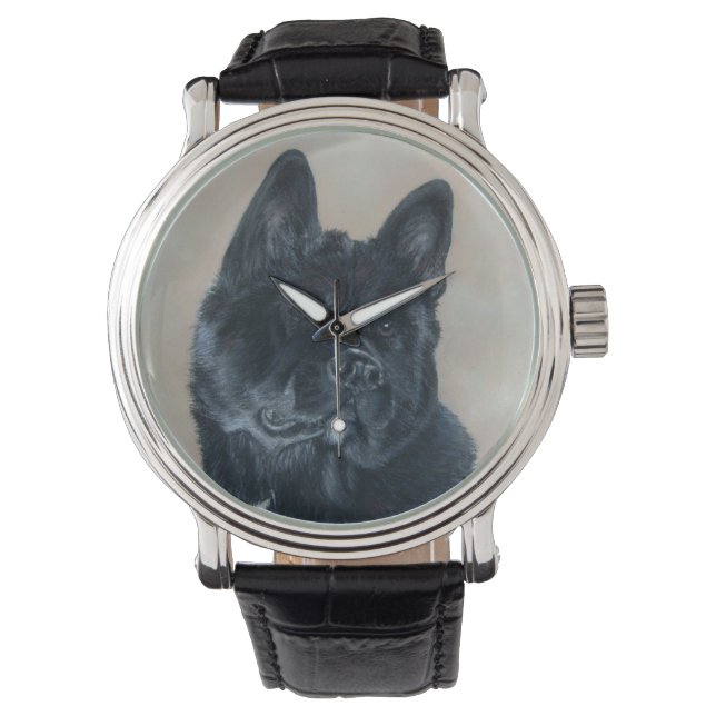 Montre Japonais/Américain noir akita chien portrait art (devant)