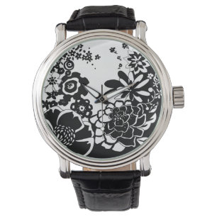 Montre Jardin floral noir et blanc Motif graphique