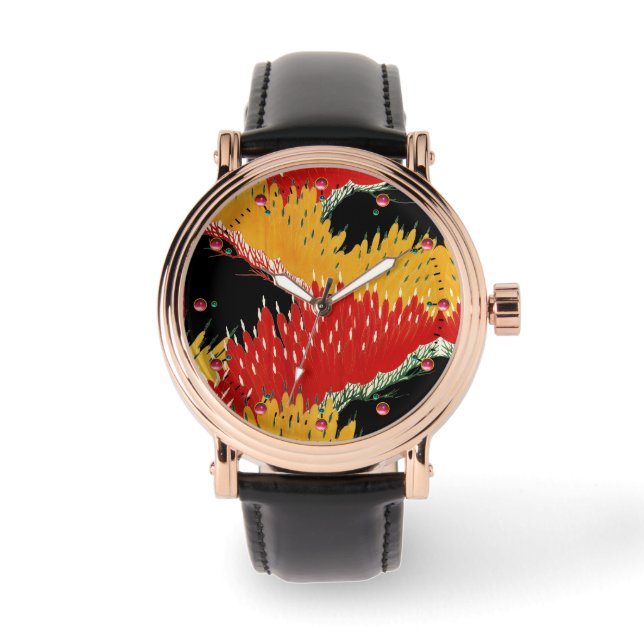MONTRE JAUNE ROUGE JAUNE ABSTRAIT JAPONAIS FLORAL (Recto)
