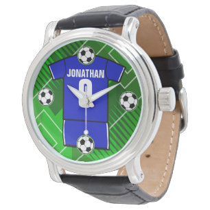 Montre Jersey de soccer personnalisé bleu avec blanc