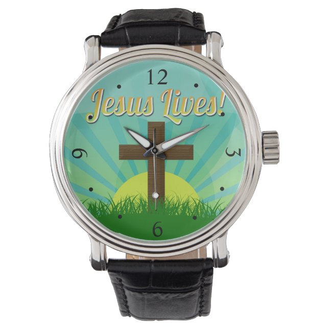 Montre Jésus vit en bleu/Brown Croix de Pâques chrétienne (devant)
