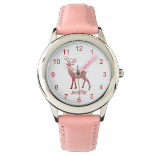 Montre jeune fille personnalisée de noël de rennes roses