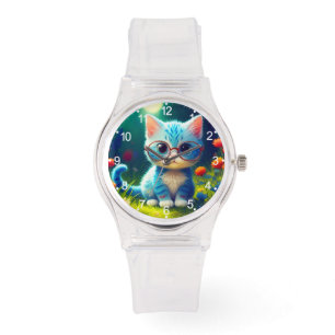 Montre Joli Chat Bleu Portant des Lunettes-47067