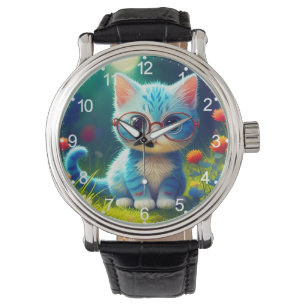 Montre Joli Chat Bleu Portant des Lunettes-47067