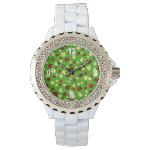 Montre joli coccinelle et motif de fleur marron vert